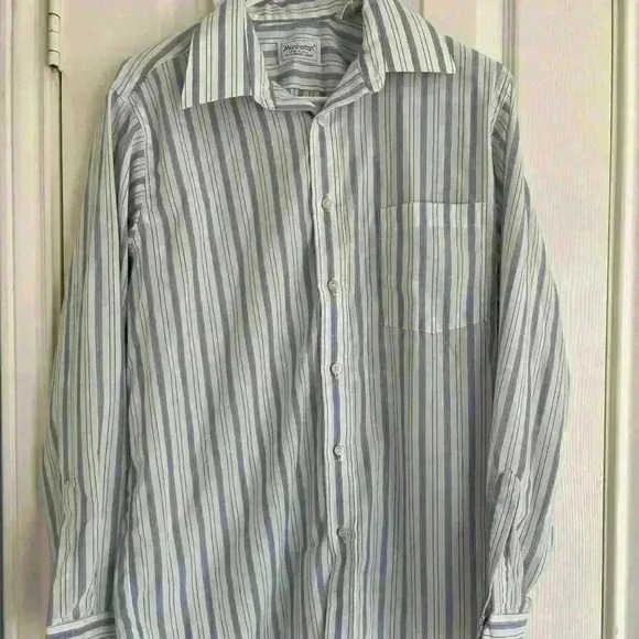 Manhattan Shirt 15.5 32/33 White / Blue Stripes Button Down Made in USA - Picture 1 of 5
